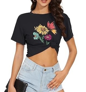 Camiseta Corta Personalizada con Estampado Elegante, Camiseta de Moda de Alta Calidad para Entrenamiento, Yoga, Fitness, Mujer, Talla Grande, 100% Algodón - Product Image 5