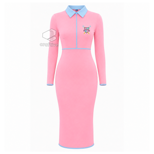 Robe moulante mi-longue rose pour femme Gamma Phi Delta avec col polo contrastant bleu clair, fermeture éclair quart de tour, manches longues, coupe ajustée, robe décontractée - Product Image 1