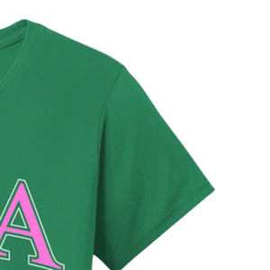 T-shirt AKA College Letter en coton vert, col rond, manches courtes, graphique brodé, doux, respirant, décontracté, unisexe - Product Image 5