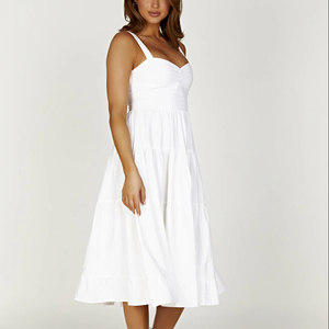 Robe midi dos nu ample et décontractée en coton et lin, couleur unie, taille naturelle, manches évasées, style halter, respirante, pour l'été – Vente en gros - Product Image 6