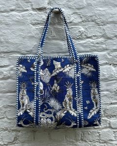 Bulk Order White Pineapple Bird Printed Cotton Kantha Quilted Storage Tote <b>Bag</b> Women Shoulder Travel Carrying Handbag Striped St - Product Image 5