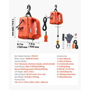 1550 Lbs Capacity 3-in-1 Electric <b>Hoist</b> Winch 1500W Portable Power Winch Crane 25 ft Lifting Height 16.4 Ft/min Manual Speed - Product Image 3