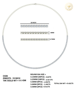 Collar de tenis con diamantes CVD certificados IGI en oro de 10 quilates |   Diamantes Graduados Rellenos de 9.42ct de Peso Total, Regalo de Boda y Compromiso - Product Image 3