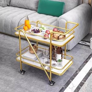 Chariot de bar moderne à double niveau avec roulettes, structure en acier inoxydable, plateau blanc, pour le rangement des boissons et des aliments dans le salon - Product Image 1