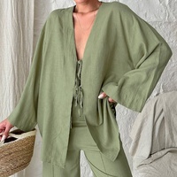 Costume pour femmes dames cordon ensembles combinaisons de saut filles manteau sweat-shirt pull Hawai chemise corps vert coton lin
