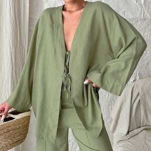 <span class=keywords><strong>Completo</strong></span> da <span class=keywords><strong>donna</strong></span> set di cordoncini da <span class=keywords><strong>donna</strong></span> tute da salto per ragazza cappotto felpa camicia Hawai corpo verde cotone <span class=keywords><strong>lino</strong></span> - Product Image 2