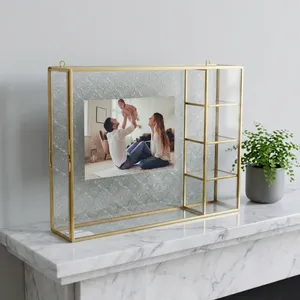 Modern Gold Metal Storage <b>shelf</b> With Carved Glass Panel Rectangle <b>Standing</b> and hanging Type For Living Room picture fram - Product Image 2