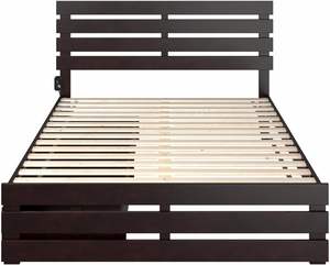 Nordic Haven Espresso Cama de madera con estribo y 2 cajones Panel de diseño tradicional Estilo de madera - Product Image 1