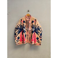 Veste polaire brodée palmiers pour femme, coupe ample, col mandarin, motif floral, style ouvert, pour l'automne