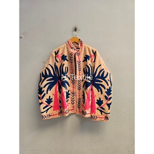 Veste polaire brodée palmiers pour femme, coupe ample, col mandarin, motif floral, style ouvert, pour l'automne - Product Image 1