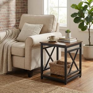 Rustic 2 Tier <b>End</b> <b>Table</b> with X-Design Metal Frame, 18 Inch Square Side <b>Table</b> with <b>Storage</b> Shelf for Living Room Bedroom - Product Image 1