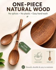 Cuillères de cuisine en bois d'acacia, ensemble de 2 ustensiles de cuisine, plaqué or rose, manche long, prise en main confortable, pour mariage, passe au lave-vaisselle - Product Image 1