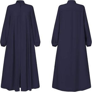 Abaya pour femme, couleur marine unie, manches longues, col montant, longueur ras du sol, robe modeste, coupe ample, en polyester, pour usage quotidien, style Moyen-Orient - Product Image 3
