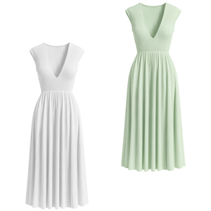 Robe midi côtelée en maille à col en V pour femme, manches courtes, coupe trapèze, vêtements féminins, commande en gros, robe femme grande taille - Product Image 1