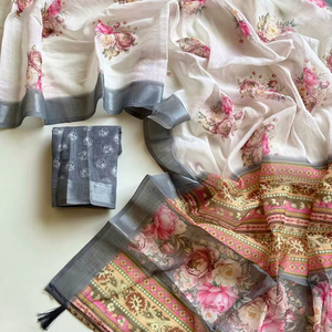 Sari en lin doux avec bordure tissée jacquard, imprimé numérique floral, chemisier imprimé – Tenue de soirée - Product Image 1