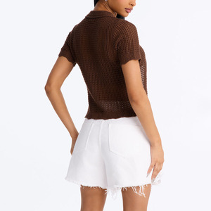 Women's Brown Short Sleeve Knitted <b>Cardigan</b> Turn-down Collar Button Down Hollow Out Casual <b>Summer</b> Top Handmade Cotton Sweater - Product Image 2