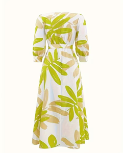 Women Floral Print Chiffon Midi Dress With Belt Long Sleeve O-Neck Loose Fit Casual Spring Summer Style - Product Image 3
