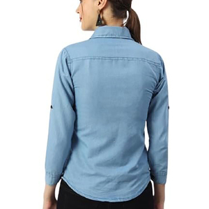 Blusa de Mezclilla Azul Casual para Mujer, Personalizable, con 2 Bolsillos Delanteros, Top de Manga Corta, Suave y Moderno, Camisas de Mezclilla al por Mayor - Product Image 2