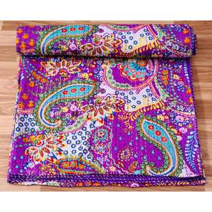 Couvre-lit Kantha indien fait main, 100% coton, imprimé à la main, motif floral, poids du tissu 220g, origine Rajasthan - Product Image 3