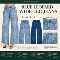 Jean large pour femme motif léopard bleu, pantalon en denim taille haute, 2 lavages |   Vente en gros sous marque privée