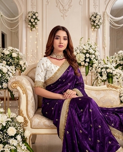 AARA Fashion Purple <b>Velvet</b> Silk <b>Saree</b> Gold Embroidery Border Sun Protection Wedding Occasion Women Traditional Floor Length - Product Image 5