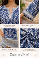 Robe longue décontractée en coton bleu imprimé à la main avec bordure décorative, manches trois quarts, poches latérales, pour femme, tenue d'été