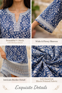 ชุดเดรสผ้าฝ้ายพิมพ์ลายบล็อกสีน้ำเงิน แต่งขอบลาย แขนสามส่วน มีกระเป๋าข้าง ชุดลำลองสำหรับผู้หญิง ชุดยาวใส่สบายสำหรับฤดูร้อน - Product Image 5