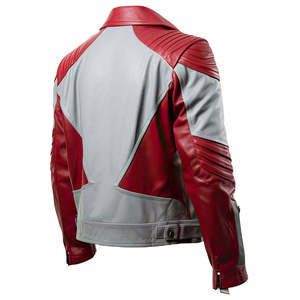 Blouson de moto en cuir PU rouge et gris pour homme, col rabattable, fermeture éclair, coupe-vent, style motard, pour l'automne - Product Image 1