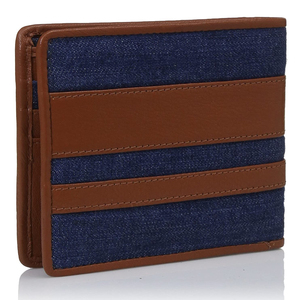 Men's Denim <b>Wallet</b> Striped <b>Brown</b> Leather Trim Fold Closure Multi-Card Holder Preppy Style Daily Use Short <b>Wallet</b> - Product Image 3