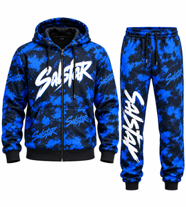Custom All Over Print Blue Camouflage Tracksuit Set <b>Men</b>’s Zip Up Hoodie & <b>Jogger</b> Pants Sportswear Streetwear Tracksuit - Product Image 1