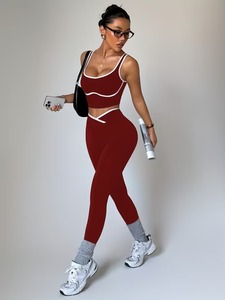 Womens 2 Piece Tracksuit Curved Piping Athletic Crop <b>Top</b> and <b>Cross</b> Waist Lift Leggings Set Gym Training Exercise Clothing - Product Image 5