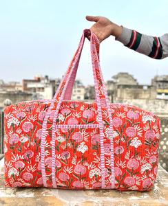 Handmade Floral Print Duffel <b>Bag</b> Blue Pink Cotton Quilted Weekender Travel <b>Bag</b> Large Capacity Zipper Closure - Product Image 5