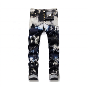 Nouveau jean slim noir et bleu tendance avec patchwork et imprimés – Pantalon décontracté en denim pour homme - Product Image 1