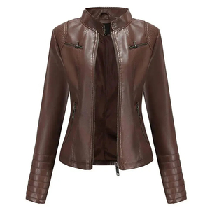Chaqueta de Cuero PU Marrón para Mujer, Cuello Alto, Manga Larga, Cierre de Cremallera, Color Sólido, Estilo Motero, Chaquetas de Cuero Personalizadas - Product Image 1