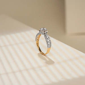 Elegant Yellow Gold Diamond Engagement Ring with Round Cut Center <b>Stone</b> and Pavé Diamond Band – Luxury Wedding Ring for Women - Product Image 2