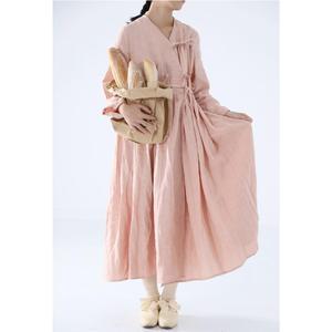 Elegant Pink Cotton Linen Plain Maxi <b>Dress</b> With V-Neck Boho <b>Loose</b> Fit Full Sleeve Summer Casual <b>Dress</b> For Women - Product Image 3