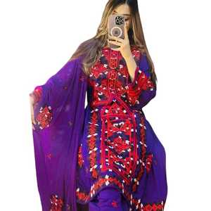 Ensemble robe bohème en mousseline de soie à motif géométrique violet et rouge brodé à la main, manches longues, longueur au sol, pour femme adulte, tenue d'automne - Product Image 1