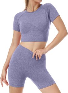 Ensemble de vêtements de sport pour femmes en tricot, haut court à manches courtes, short au-dessus du genou, couleur unie, respirant, sportif, pour la gym et le yoga - Product Image 2