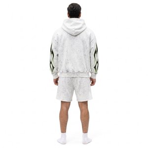 Ensemble de survêtement blanc à capuche pour homme avec imprimé flamme noir et vert, manches longues, short et sweat-shirt streetwear, tenue d'été - Product Image 2