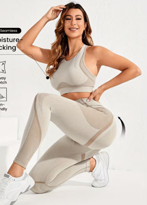 Ensemble de yoga 2 pièces sans couture pour femme : Legging taille haute et crop top dos nu respirant, tenue de sport active avec design en maille longueur genou, coloré - Product Image 6
