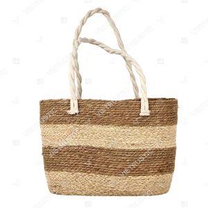 SAVANNAH Two-Tone Striped <b>Straw</b> Zipper Closure Cotton Lining Market Tote <b>Bag</b> - Product Image 3