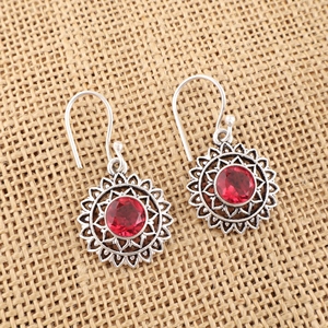 Boucles d'oreilles pendantes en laiton avec pierres précieuses en tourmaline rose en argent sterling 925, forme ronde, pour femmes - Product Image 3