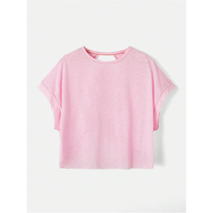 Haut décontracté en maille respirante et écologique pour femme, rose uni, à manches courtes, coupe classique, dos croisé, avec boutons - Product Image 2