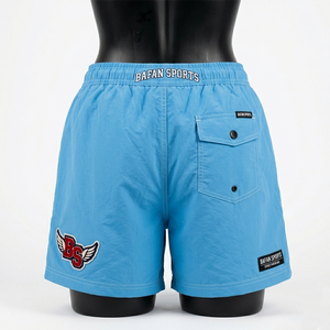 Shorts de baño para mujer de microfibra de poliéster premium, de secado rápido, con paneles laterales de malla Sky y parche bordado con logo personalizado. - Product Image 2