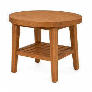 Table à manger ronde en teck scandinave moderne avec étagère inférieure à lattes, durable, imperméable et écologique pour la maison, l'hôtel, la villa - Product Image 3