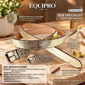 เข็มขัดหนังแท้ลายสัตว์แบบกลับด้านได้ สีทองเมทัลลิก ยี่ห้อ Equipro พร้อมหัวเข็มขัดเงินแบบสลิม แคบ เหมาะสำหรับงานปาร์ตี้ - Product Image 4