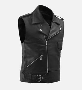 Gilet de motard en cuir véritable noir et toile, fermeture boutonnée, col rond, ceinture à boucle, respirant, style vintage automne - Product Image 4