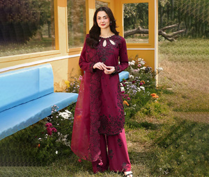 Women Faux Georgette Salwar Kameez Set Maroon Embroidered Ankle-Length <b>Loose</b> Fit Traditional Indian Pakistani Summer Party - Product Image 1
