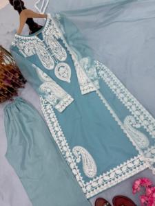 Ensemble Sharara Salwar Kameez en Chinon et Faux Georgette, style Indien Pakistanais, avec broderie et travail de cordonnerie lourds, pour l'hiver et l'été, tenue de soirée - Product Image 6