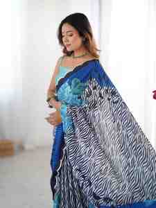 Sari indien pour femme, bleu, imprimé floral et zèbre, en polyester, coupe droite, longueur ras du sol, style ethnique, pour tenue décontractée - Product Image 3
